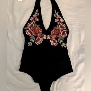 *2 for $15* Rose Embroidered Black Halter Bodysuit